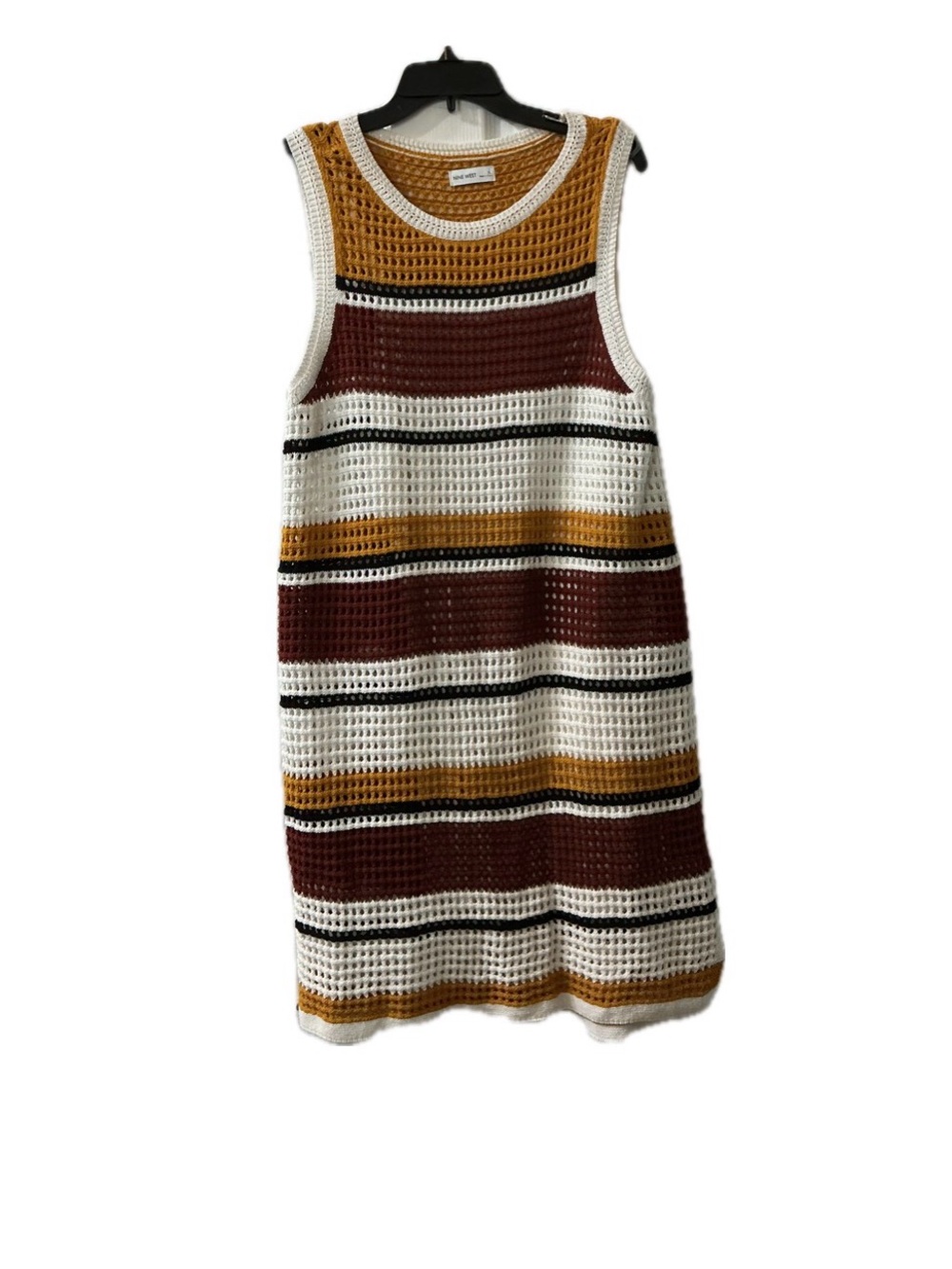 Nine West 100% cotton White, Mustard & Brown Striped Crochet Tank Dress